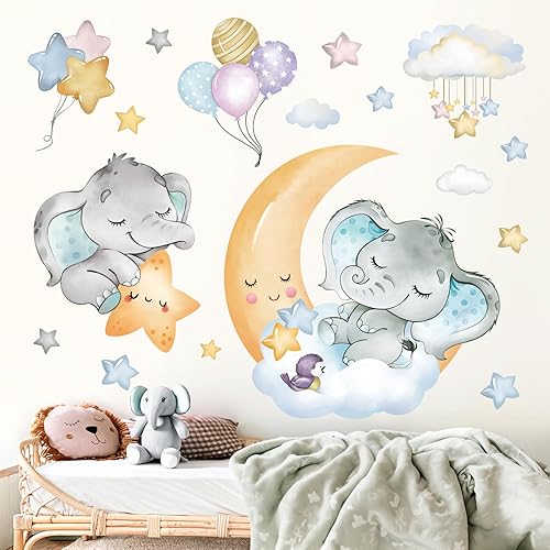 Calcomanías de pared de dibujos animados, lunas, estrellas, nubes, elefantes, globos, animales, vinilo extraíble para decoración del hogar