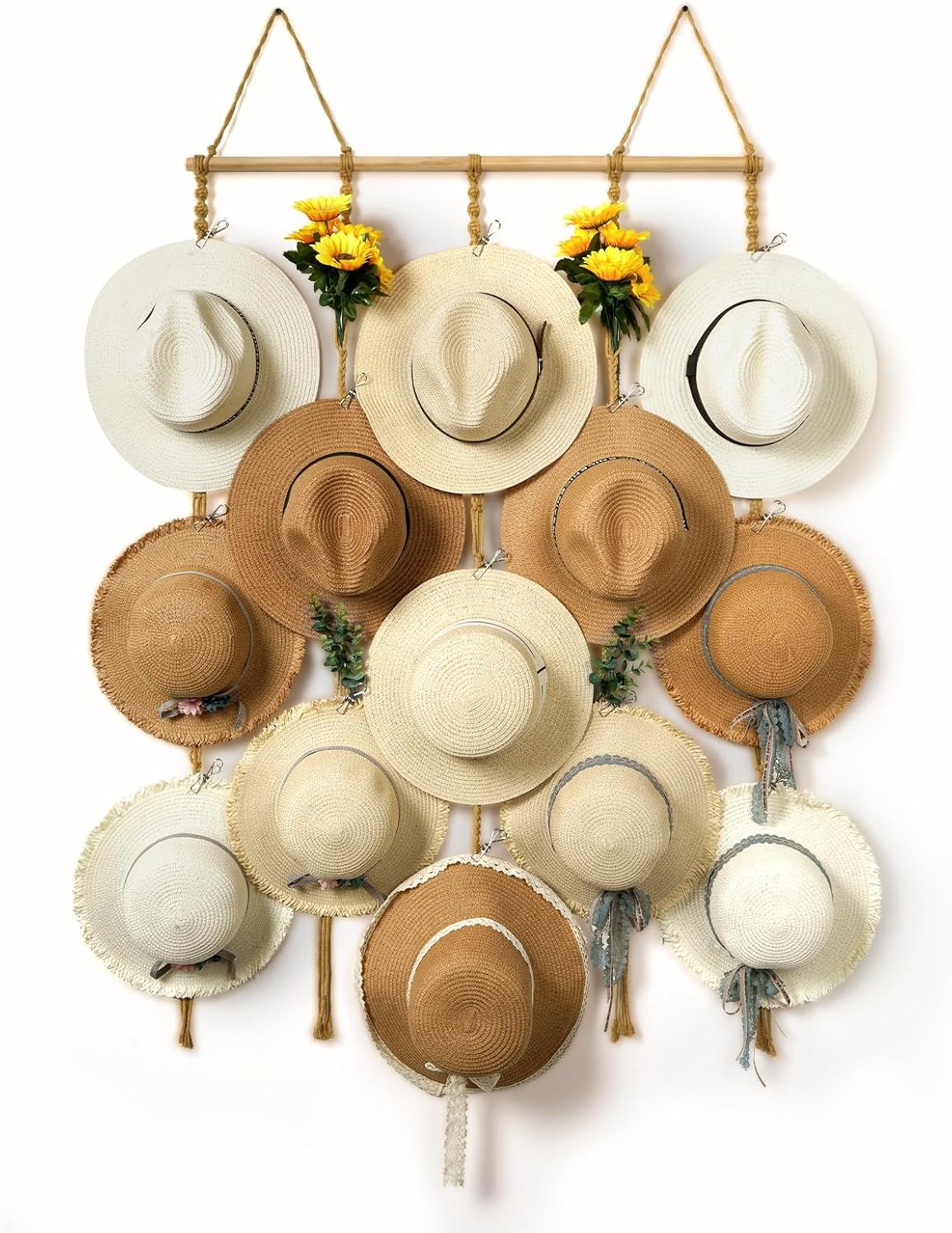 Organizador de sombreros de macramé para pared, 15 clips de 31 x 53 pulgadas, ganchos grandes para sombreros de Fedora, para almacenamiento de