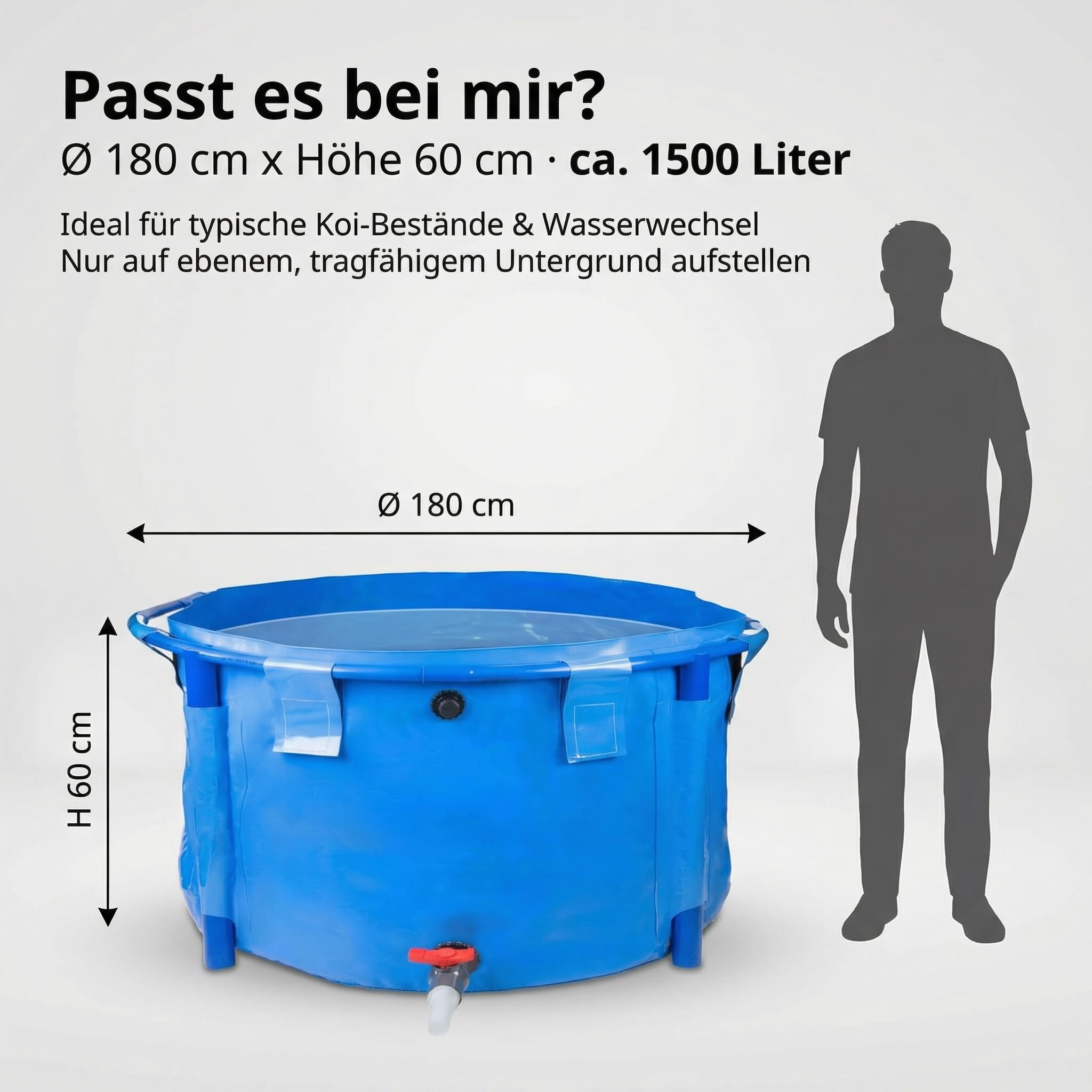Pondlife Faltbecken für Koi 1500 Liter Ø 180 cm x H 60 cm UV-beständige gewebeverstärkte PVC-Folie randstabil mit Stützbeinen faltbar