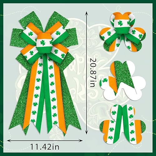 Miniatura 2 de ABTOLS Arcos grandes para corona del día de San Patricio, lazos de trébol de la suerte para corona, bandera irlandesa con purpurina verde, lazo