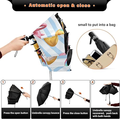 Miniatura 5 de ALAZA Folding Umbrella Flamingo Swan Circlen Bule Stripes Compact Travel Umbrella Automatic Open Close, Inverted Umbrellas for Rain Windproof UV
