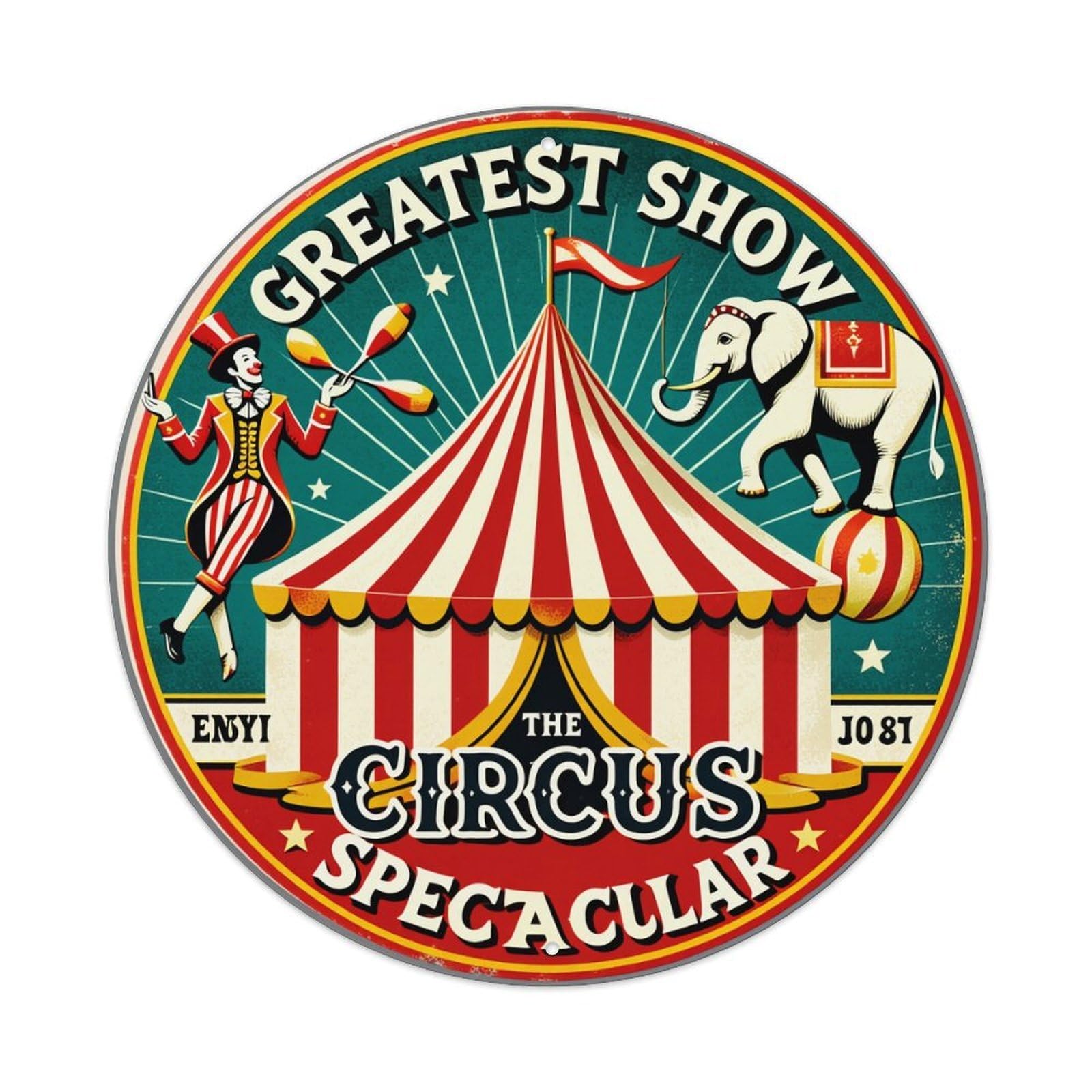 Circus Tent Juggler Elephant Stars Round Tin Sign Vintage Metal Poster, Home Bar Garage Man Cave Cafe Indoor & Outdoor Wall Decoration 8x8Inches