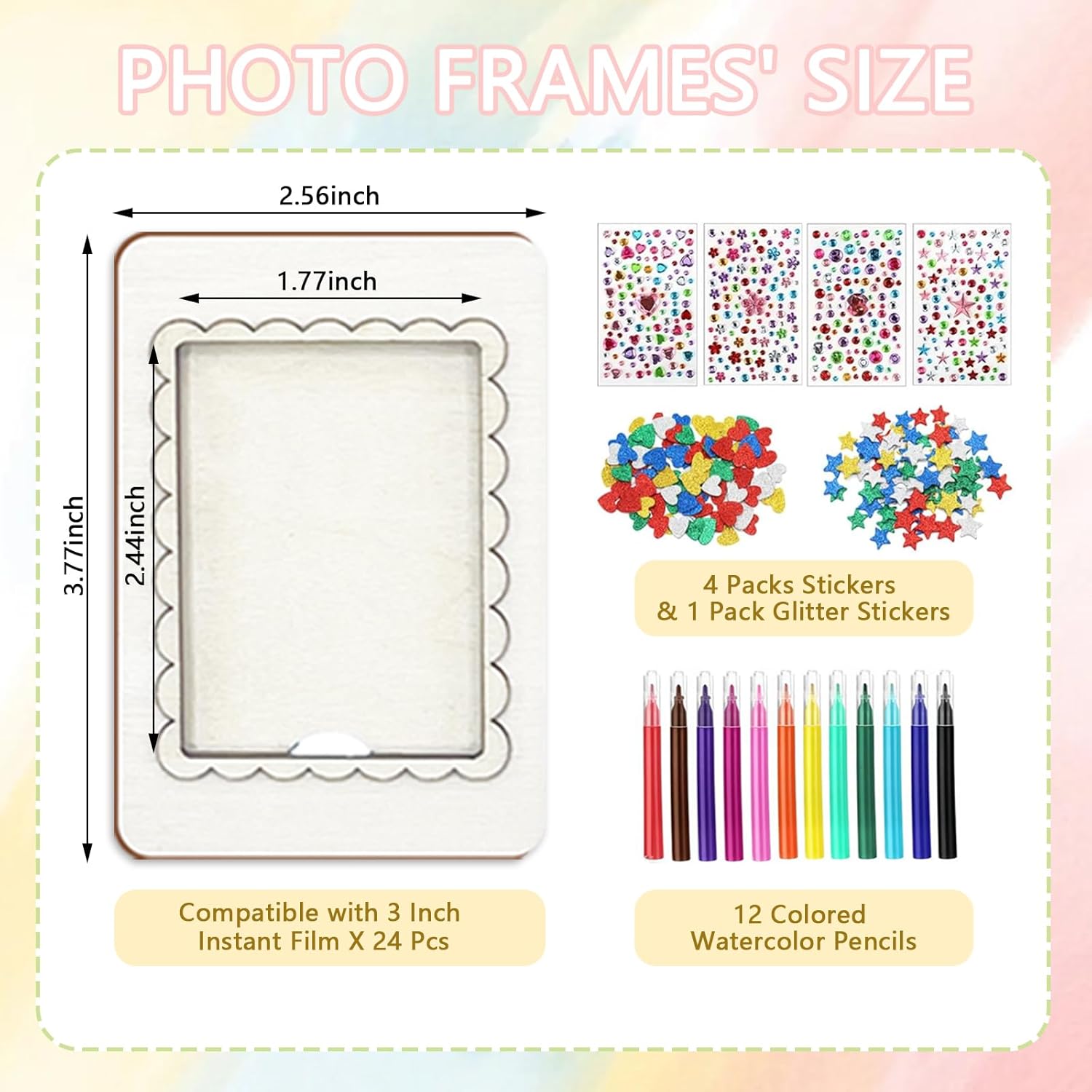 24 Pack Magnetic Wooden Picture Frames,DIY Crafts Magnetic Frames with Paintable Photo Frames,Watercolor Pencils & Stickers for Refrigerator Decor, Fridge Magnets, DIY Gifts for party favors
