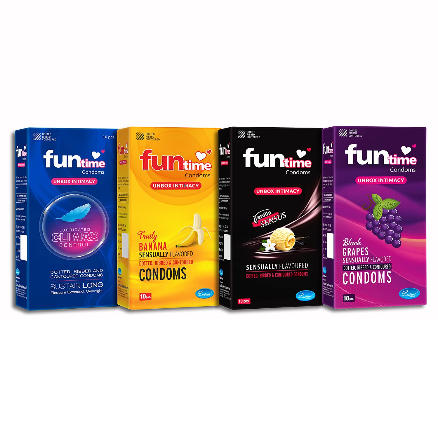 Funtime Flavoured Condoms Combo Pack of 4 (10 Pcs Each Pack) | Lubricated, Dotted, Ribbed & Contoured | Long Last Condoms for Men Black Grapes | Banana | Vanilla | Climax Control (Total 40pcs)