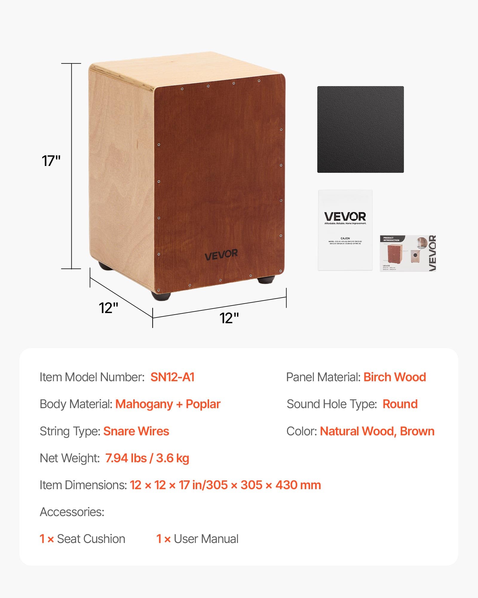 VEVOR Cajon Box Drum, Cordiere Rullanti Interni, Scatola di Percussioni in Legno Leggera, Strumento Musicale Portatile in Legno di Betulla con Piedini in Silicone, 305 x 305 x 430 mm
