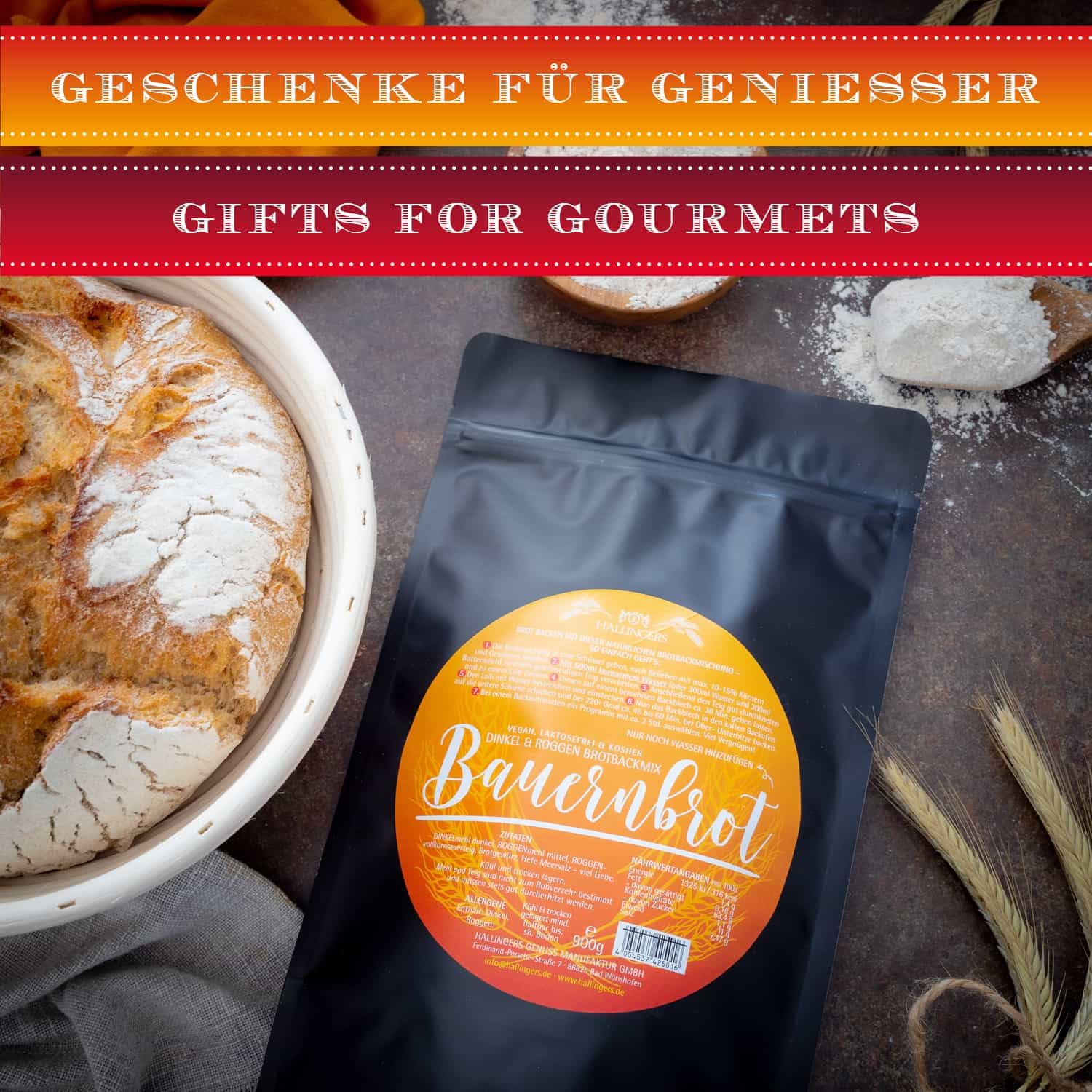 Hallingers Genuss Manufaktur Brotbackmischung Geschenk-Set - 2er-Pack natürliche Brotbackmischung Dinkel-Roggen mit Gärkorb im Set "Bauernbrot mit ...", Geschenkidee für Frauen Männer