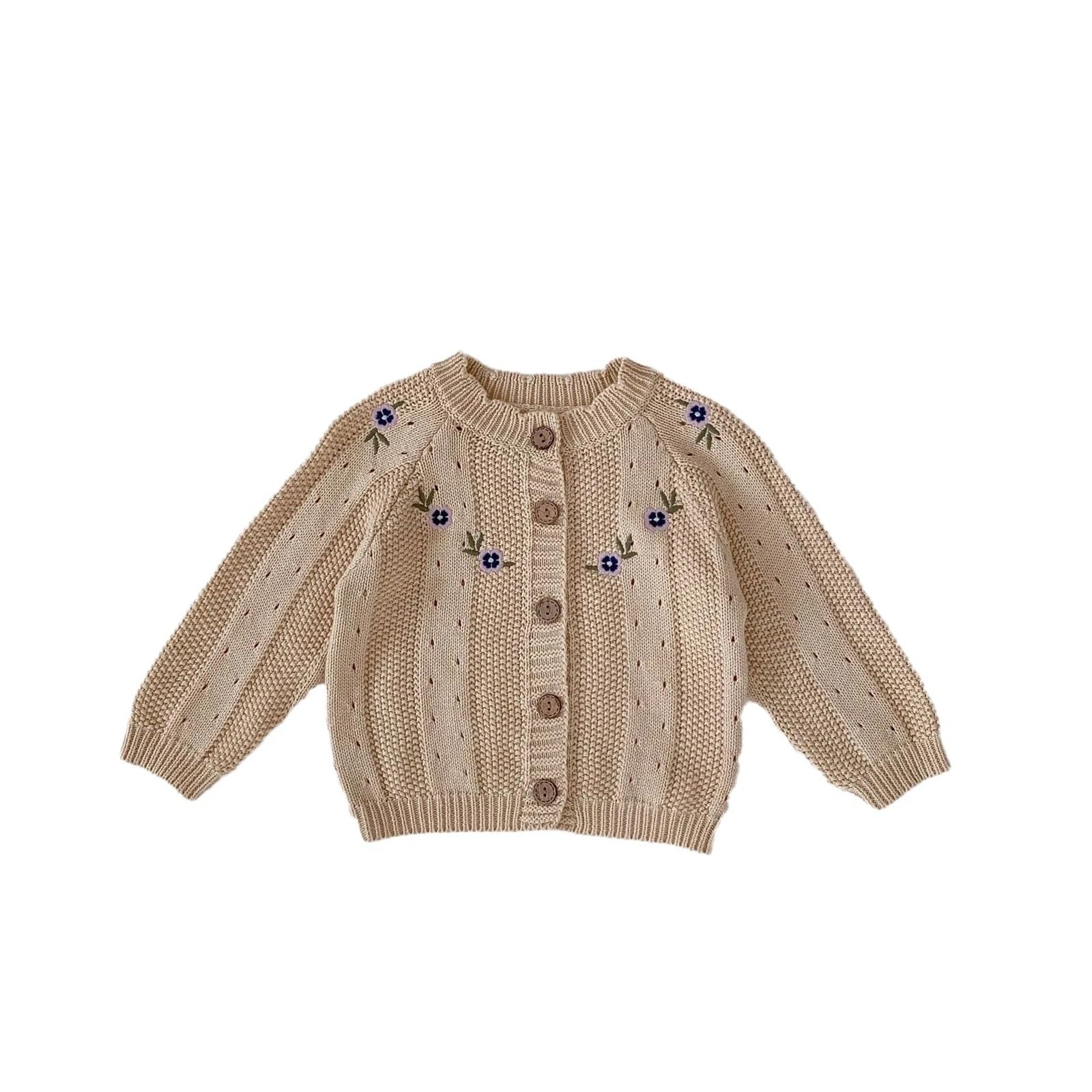 Chaqueta Tipo suéter de Punto Hueco Bordada for niñas de otoño, diseño Floral, 0-3 años(100cm 3T)