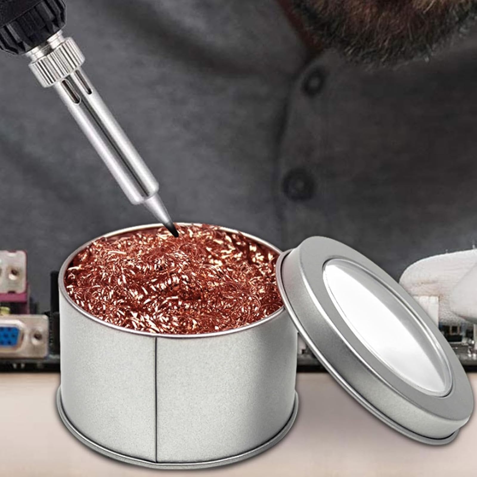 Limpiador de puntas de soldadura de latón, bola de alambre de limpieza de 55 g con soporte de acero inoxidable, accesorio de soldadura de alta calidad para limpieza precisa de puntas de soldadura