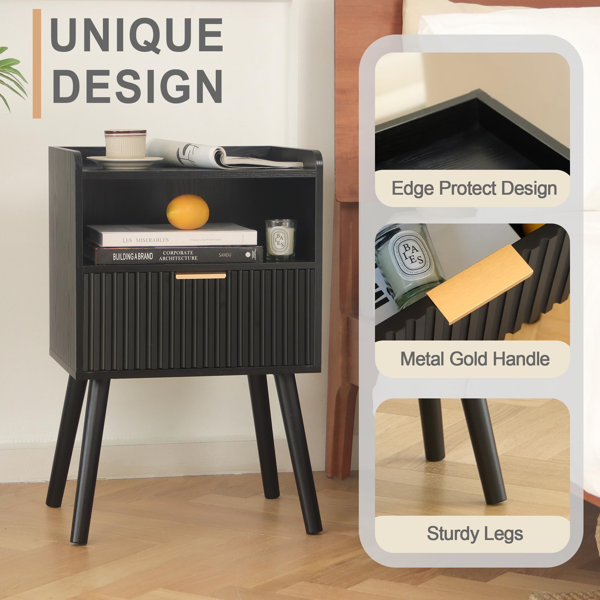 Moderner Nachttisch Mit Schublade – Schwarz, Geriffeltes Design, Massivholzbeine, 30x40x61 Cm