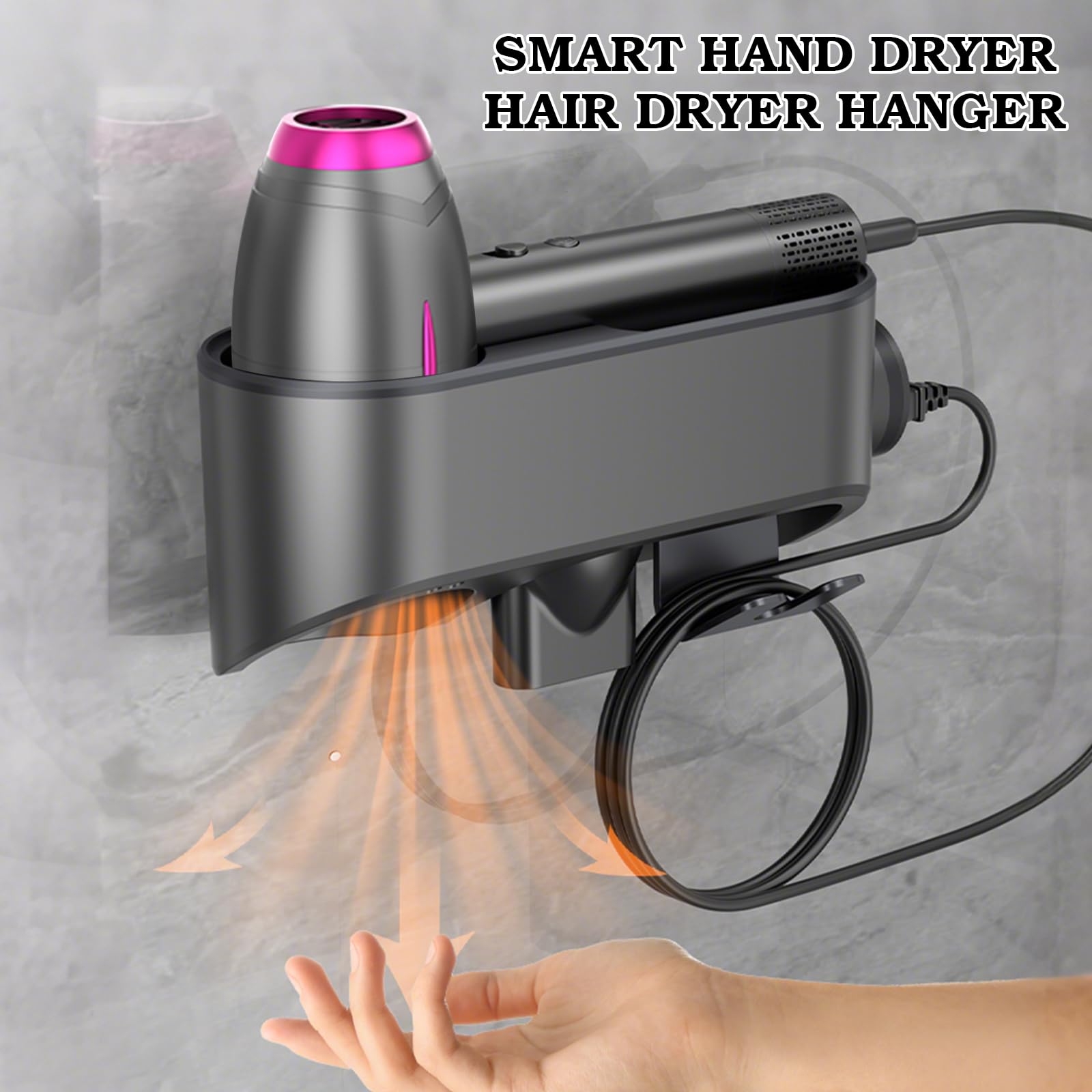 Fönhalter Ohne Bohren, Haartrocknerhalter mit Infrarotsensor Automatischer Händetrockner, Wand Föhn Halterung mit Magnetisch Düsen/Kabelhalter Passen die Meisten Haartrockner für Bad (Weiß)