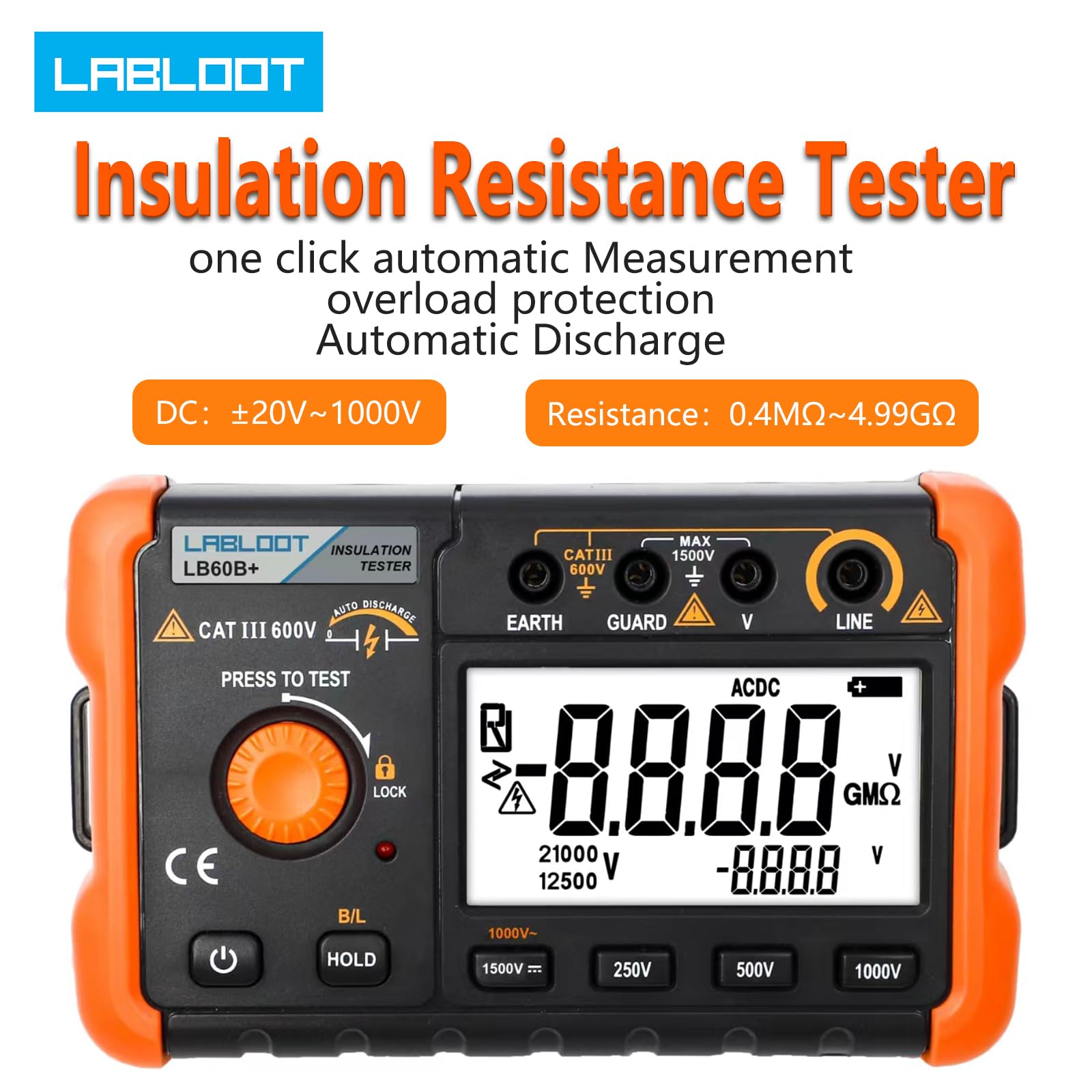 LB60B+ Digitaler Isolationswiderstandstester 1000V Test DC AC 2000m Ohm Hochspannungs-Kurzschluss-Eingangsalarm