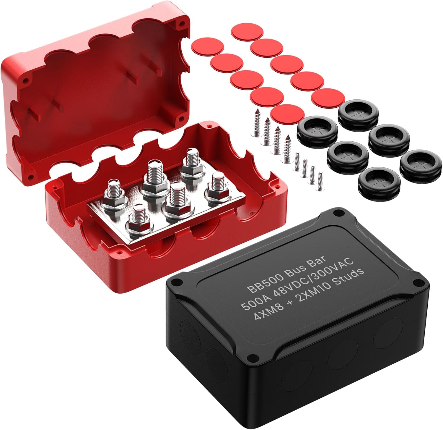 Joinfworld Heavy Duty 500A Bus Bar Waterproof Power Distribution Block with 4*5/16"(M8)+2*3/8"(M10) Studs 48V DC Automotive Marine Battery Terminal Distribution Block with Cover - Negative&Positive