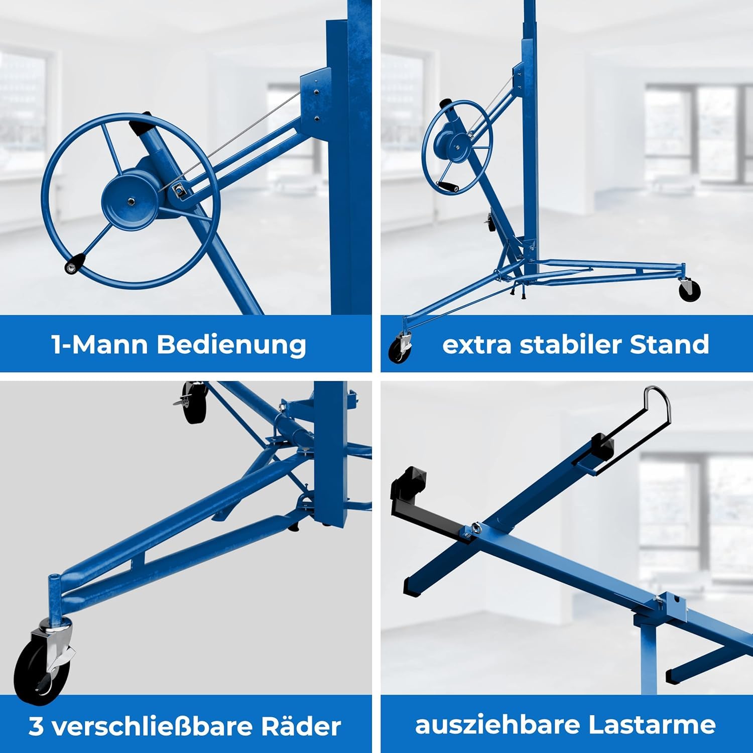 Plattenheber Trockenbau - Plattenlift bis 325cm und 68kg - 1- Mann Plattenlift für Rigipsplatten - für Decken und Wände (Blau)