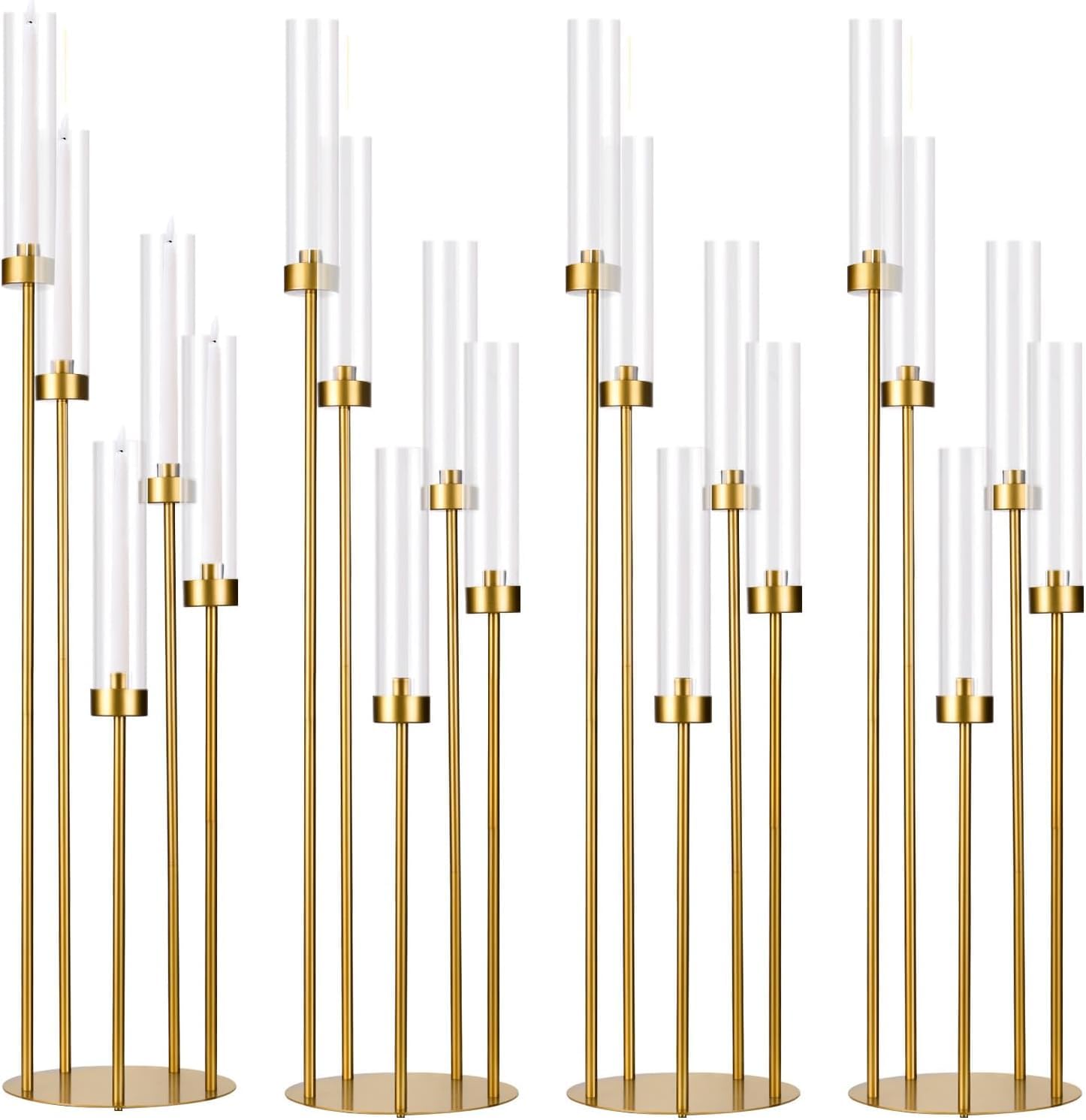 Myoyay Gold 4 Set Floor Candelabra 5 Arm 41.7'' Tall Candle Holder, Candelabra Centerpieces For Tables, Metal Candlestick Set With Acrylic Lampshade For Wedding Party Home Decoration (Gold)