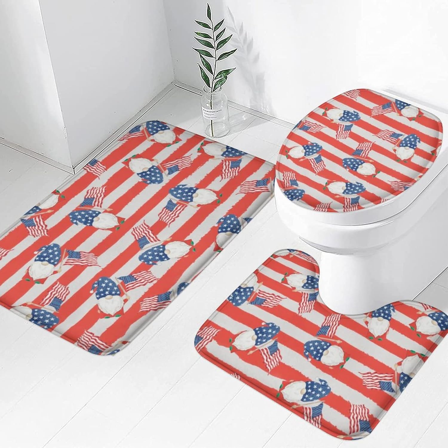 Independence Day Gnomes Bath Rug Sets 3 Piece Blue Red Stars and Stripes American Flag 4th of July Bath Mat Soft Non Slip Water Absorbent U-Shaped Contour Toilet Mat, Toilet Lid Cover