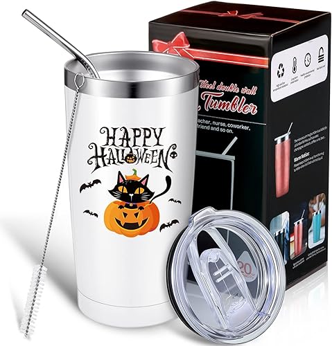 Geiserailie Vaso de viaje de 20 onzas con aislamiento al vacío con popote de acero inoxidable y cepillo de limpieza para fiesta de Halloween
