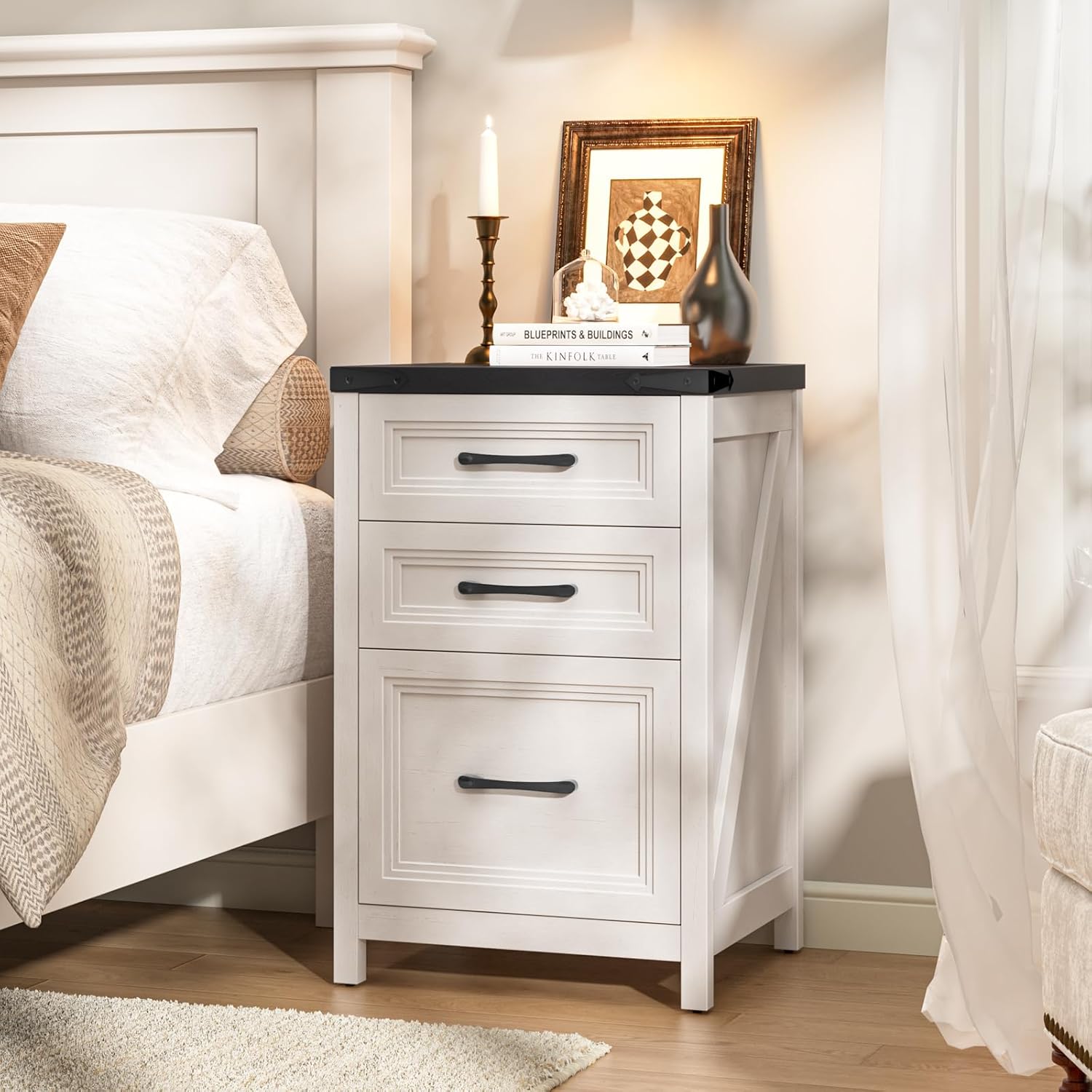 Vabches 3 Drawer Vertical File Cabinet, Farmhouse Wooden Filing Cabinet Fits A4 Letter Size, Under Desk Small File Cabinet, Printer Stand with Storage Organizer for Home Office, White and Black