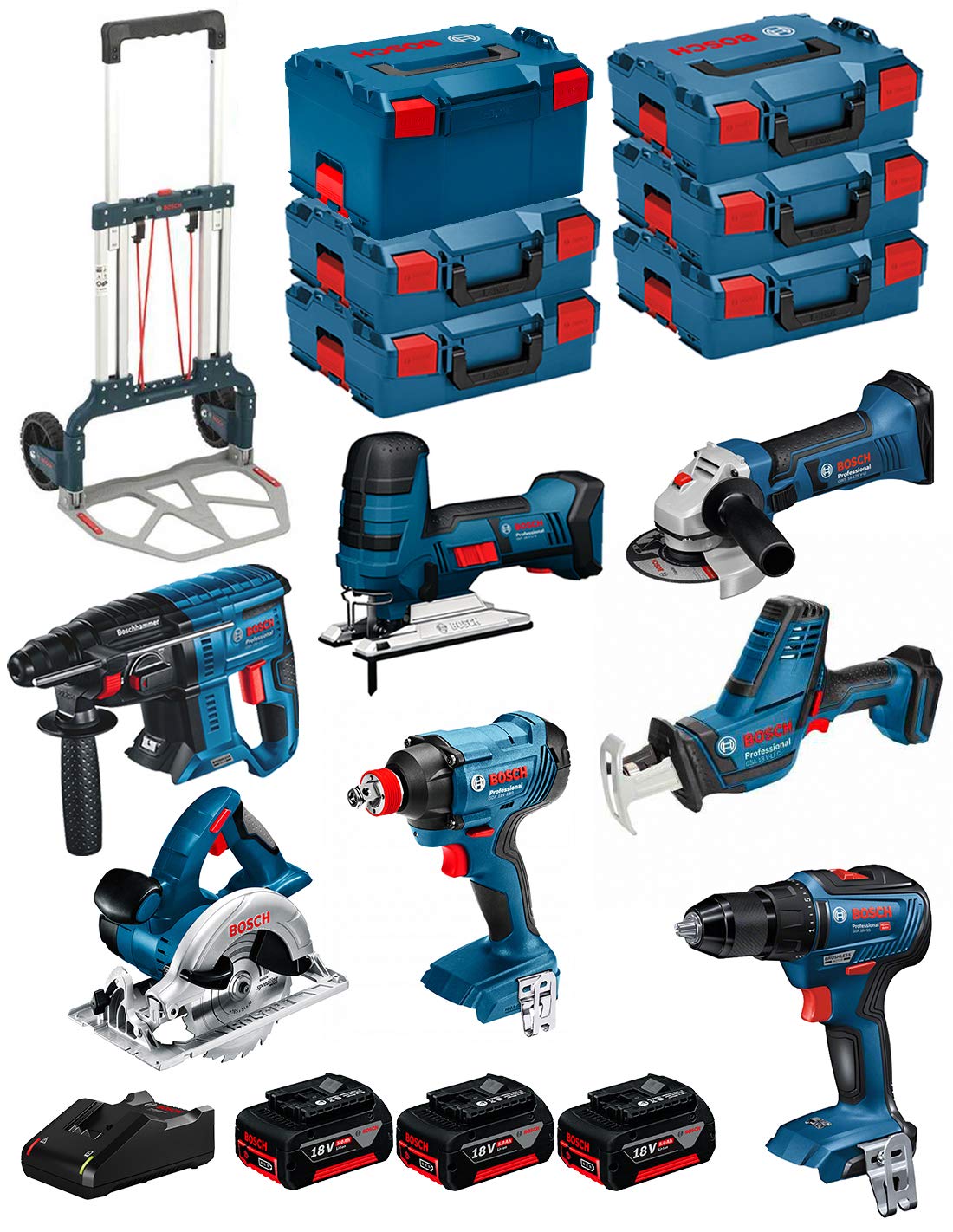 BOSCH Kit 18V BK702 (GST 18 V-LI S + GKS 18 V-LI + GBH 18V-21 + GWS 18-125 V-LI + GSR 18V-55 + GSA 18 V-LI C + GDX 18V-180 + 3 Batteries de 5,0 Ah + Chargeur + 5 x L-Boxx 136 + L-Box 238 + Caddy)