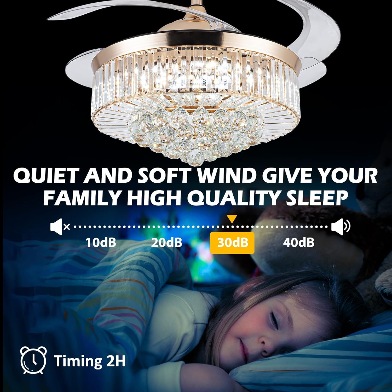 Crystal Ceiling Fans with Light,36” Retractable Chandelier Fan LED Dimmable Crystal Ceiling Fan Light Kits with Remote Control for Decorate Living Room Bedroom (Gold 36 Inch)