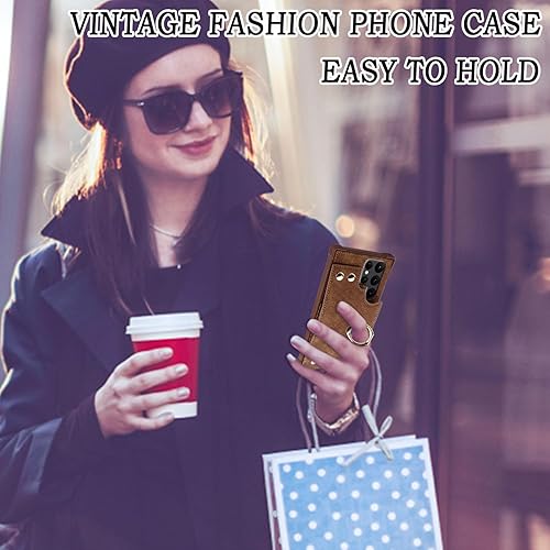 Miniatura 7 de Funda tipo cartera para Galaxy S22 Ultra 5G con tarjetero de crédito, funda de cuero para teléfono compatible con soporte de anillo de rotación de