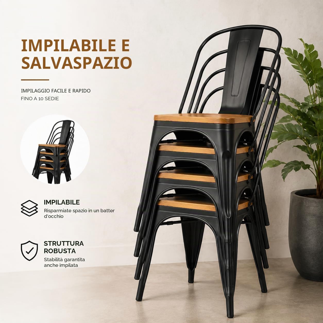 Kosmi - Set di 4 sedie in metallo nero e legno chiaro naturale, stile industriale