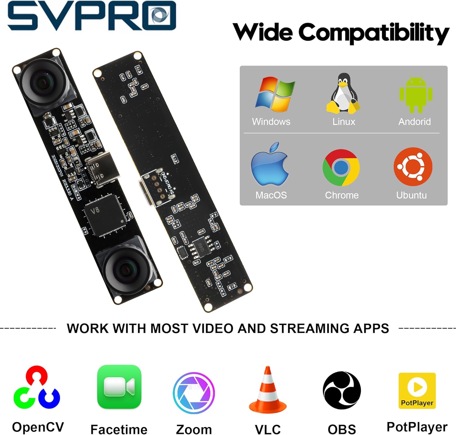 SVPRO 210fps Monochrome Global Shutter USB Camera Module - Dual Lens Synchronization - Black/White - 800P - Lightburn - OmniVision OV9281