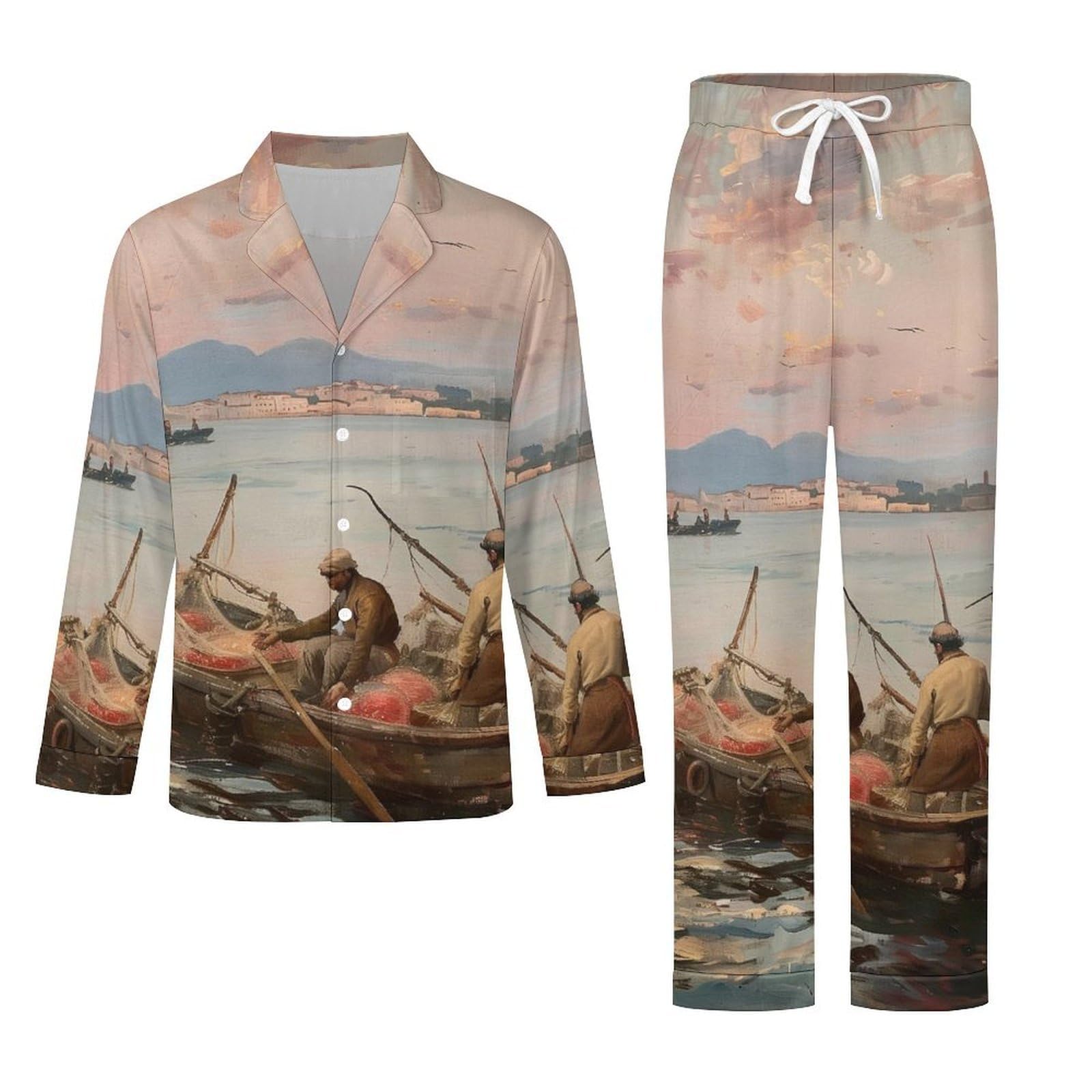 OLEETS Pigiama A Maniche Lunghe da Uomo - Andare in Barca sul Mare Pigiama Invernale Pantaloni Top Caldo Autunnale Traspirante Morbido 2 Pezzi Casual Ampio