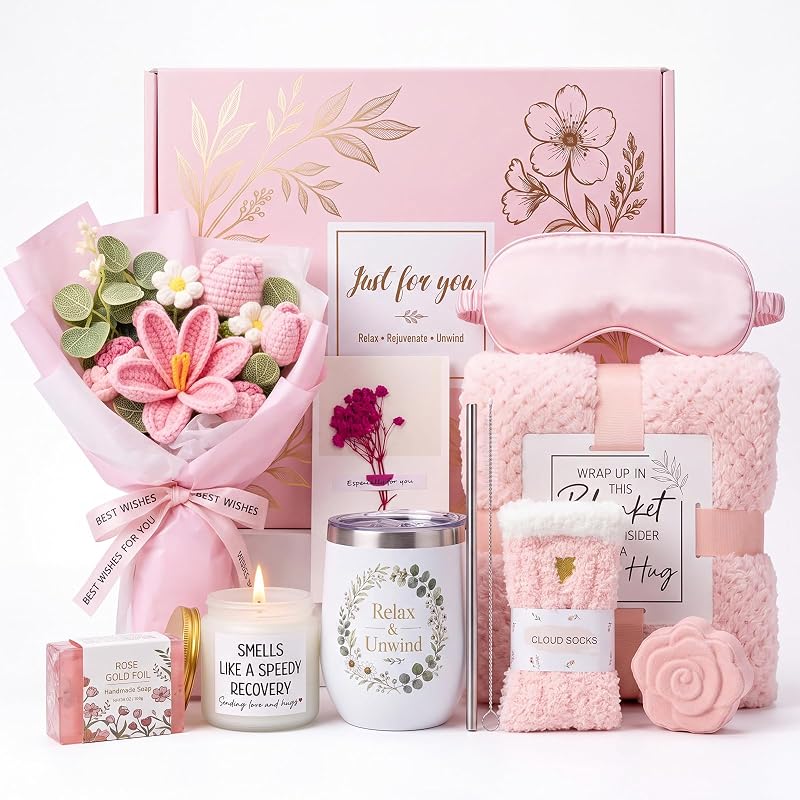 MICEYLIVE PRO Kit para cuidados pessoais com 10 peças, manta, copo térmico, flores de crochê e caixa rosa