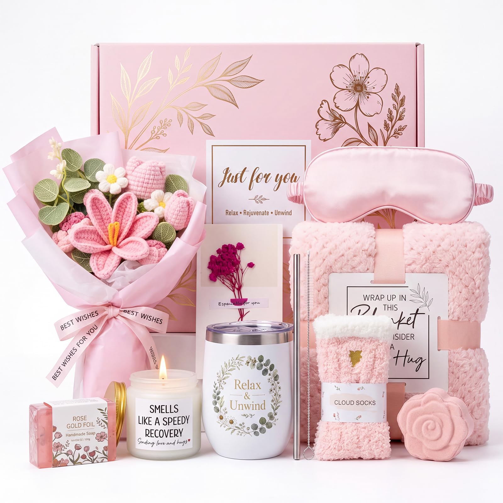 Self Care Gifts for Women, 10 PCS Gift Basket with Blanket, Tumbler & Crochet Flowers, Spa Care Package for Women, Thinking of You & Get Well Soon