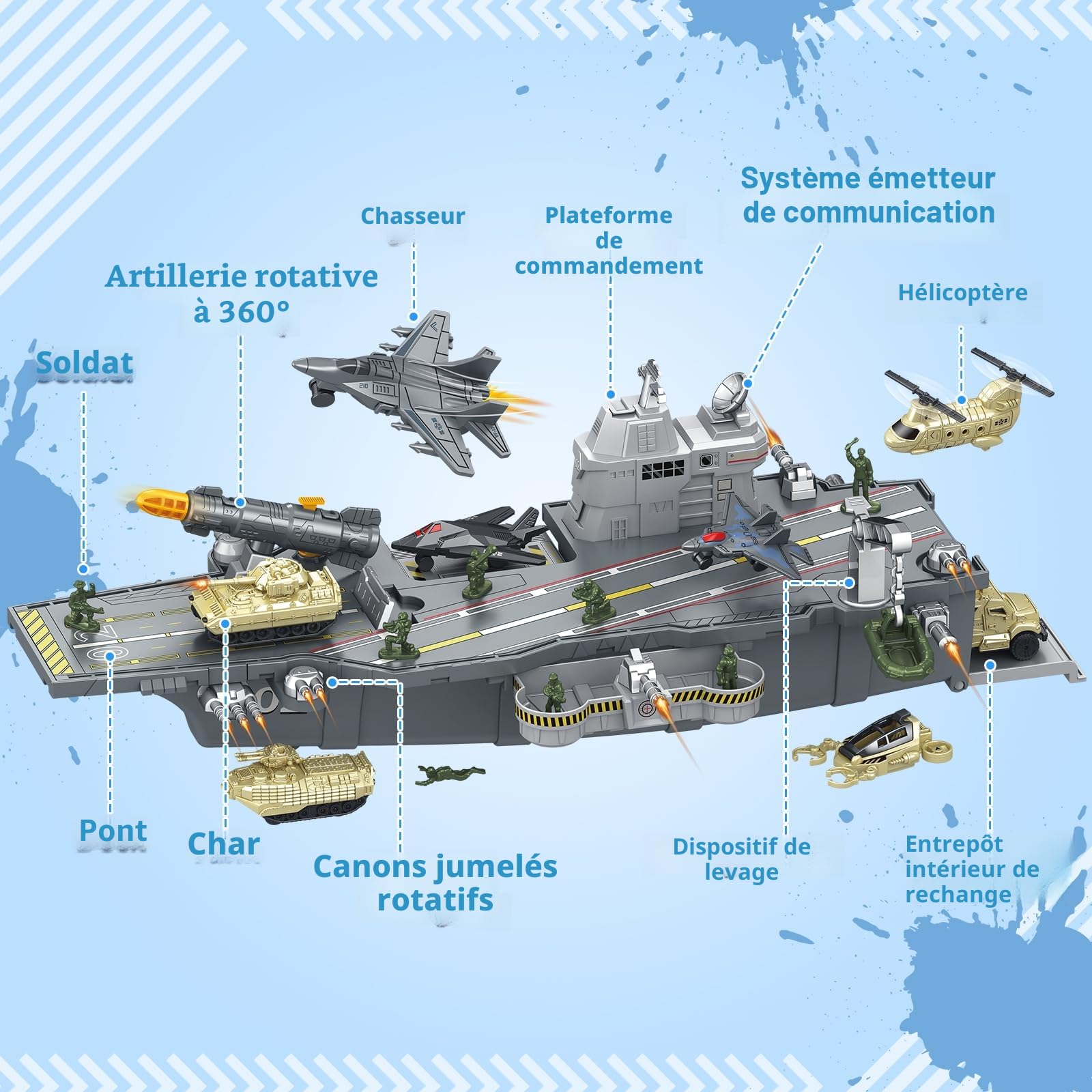 deAO Porte-Avions De Jouet, Navire Militaire avec 10 Soldats, Hélicoptères, Chars, Maquette De Bateau Cuirassé, Kit de Jouets Militaires Cadeau pour Enfants 3-12 Ans