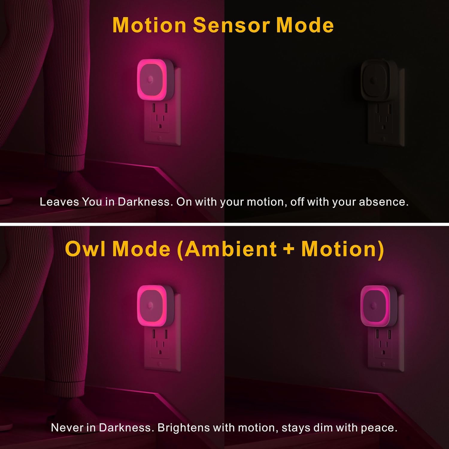 YUNLEX 2 Pack Plug in Night Light with Motion Sensor & Dusk to Dawn Sensor, Soft Pink Glow for Bedroom, Hallway, Girls Room, 3 Sensor Modes, Auto ON/Off, Dimmable Nightlight as Mother GIFS