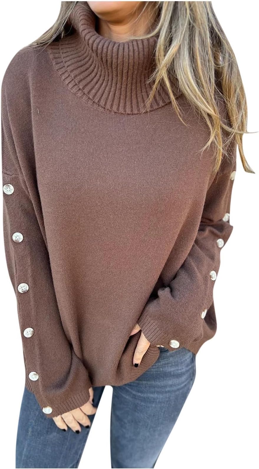 Womens Turtleneck Oversized Sweater Button Long Sleeve Chunky Pullover Sweaters Casual Fall Loose Knit Jumper Tops
