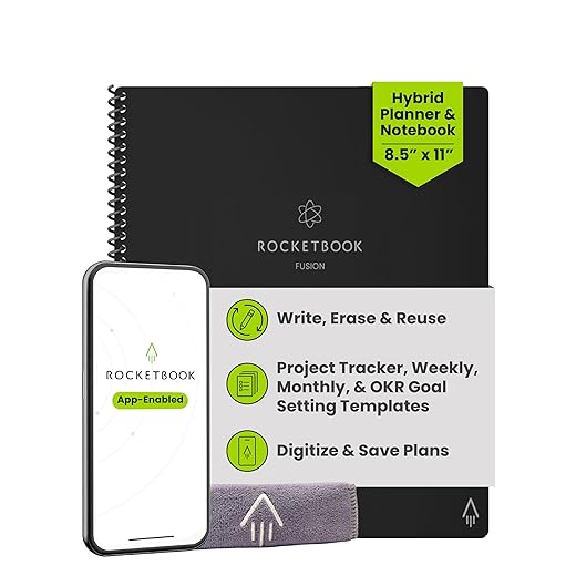 Rocketbook Fusion Hybrid Reusable Planner and Notebook in One, Additional Blank Pages, Goal and Project Tracker, Undated Planner, Letter Size 8.5x11, Black (Pack of 1)