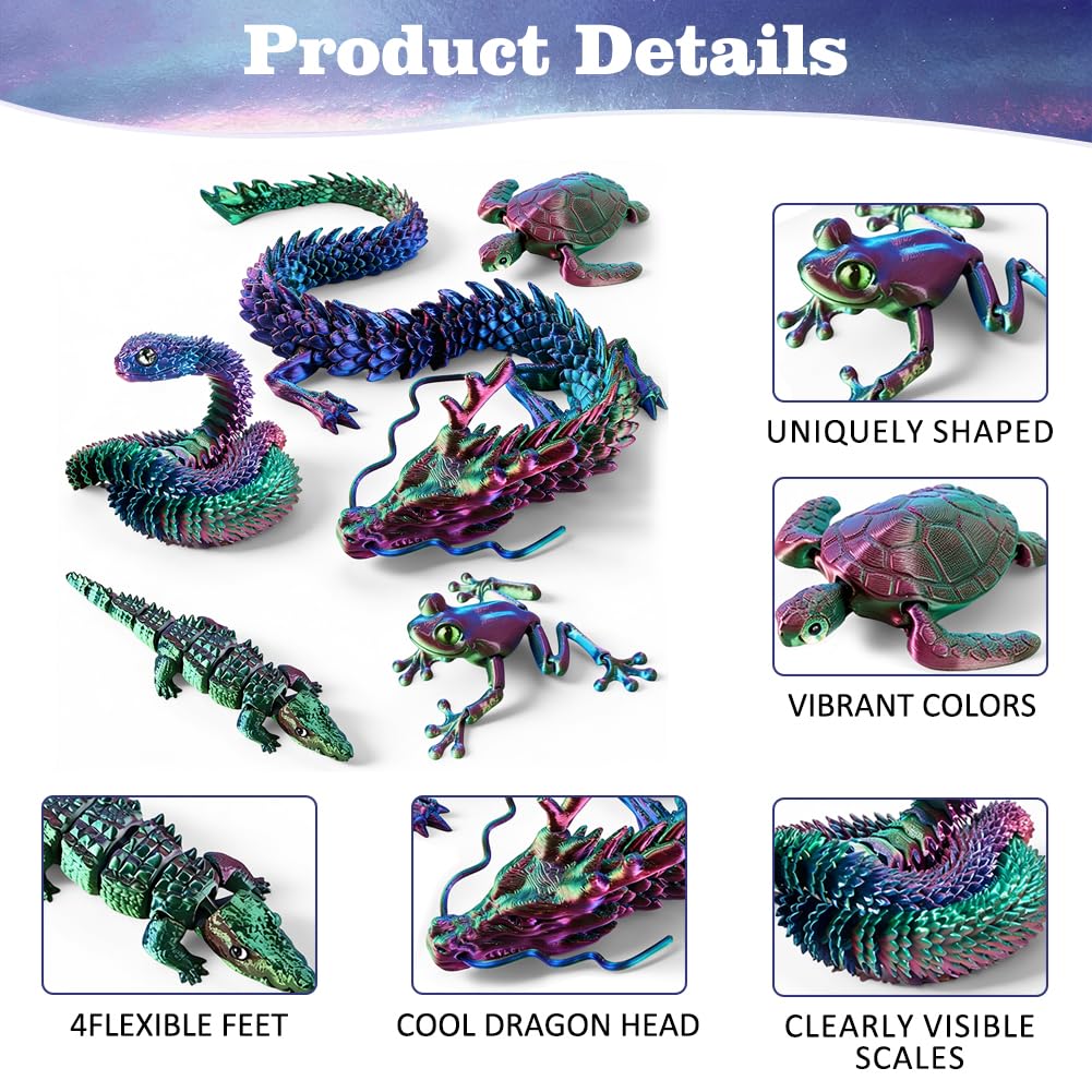 3D Printed Animal Set 6pcs, Dragon, Snake, Turtle, Crocodile - Image 3