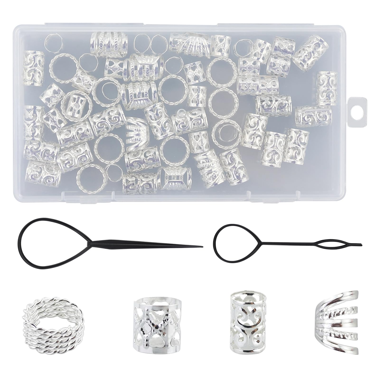 70PCS Anillos para el Pelo Ajustable, Anillos Trenzas Pelo Mujer y Hombres, Adornos Pelo, Accesorios Pelo para Trenzar el Cabello DIY Punk Hip-Hop Trenzas Pelos, Plateado
