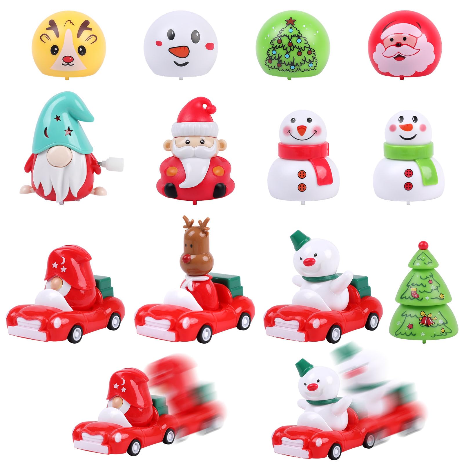 CCINEE 12PCS Christmas Pull Back Cars, Assorted Santa Claus Snowman Reindeer Tiny Car Toys Christmas Friction Powered Racing Cars Vehicle Toy for Kids Xmas Bag Fillers Treats Prizes Party Favors