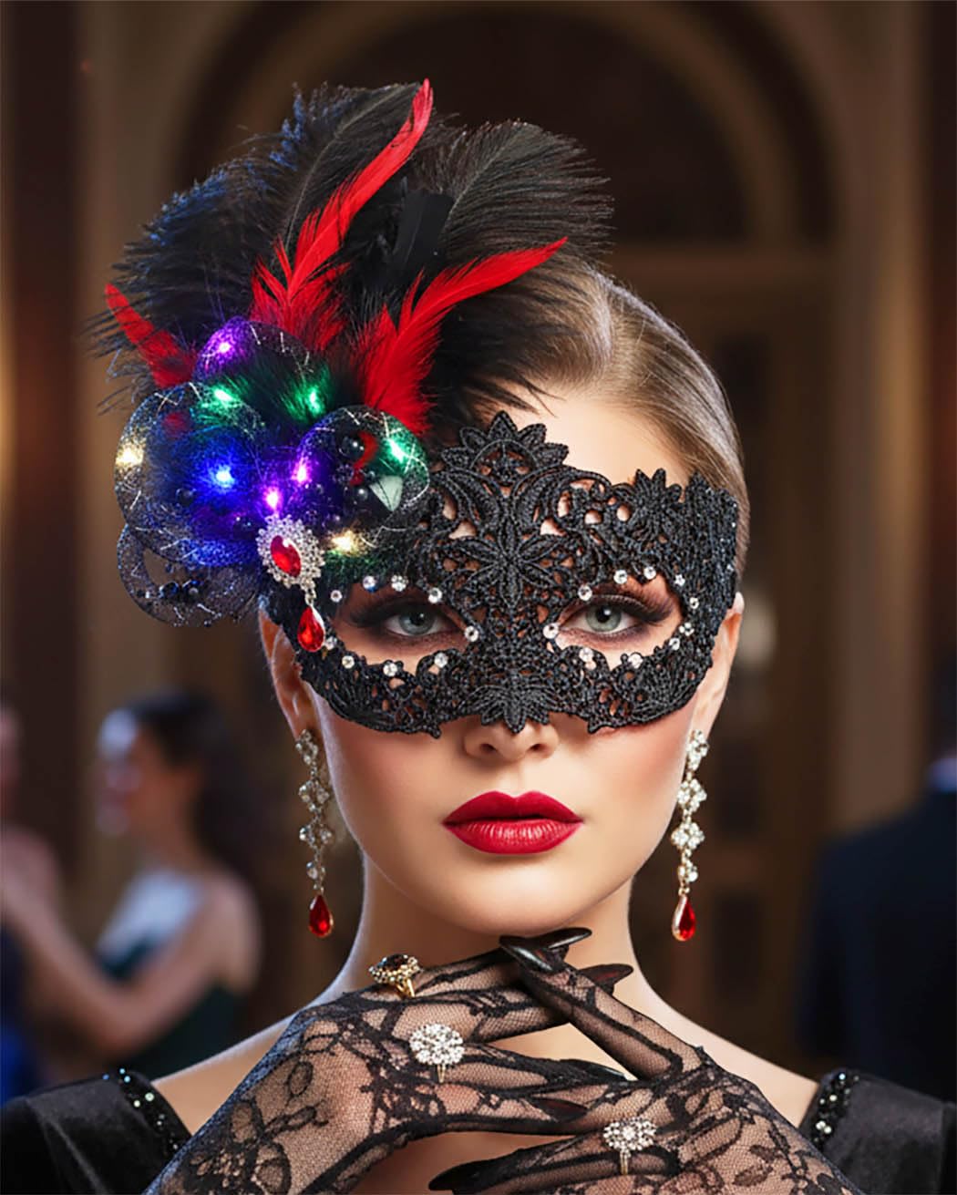 Campsis Light Up Masquerade Mask Led Feather Lace Mask Rhinestone Mardi Gras Masks for Women
