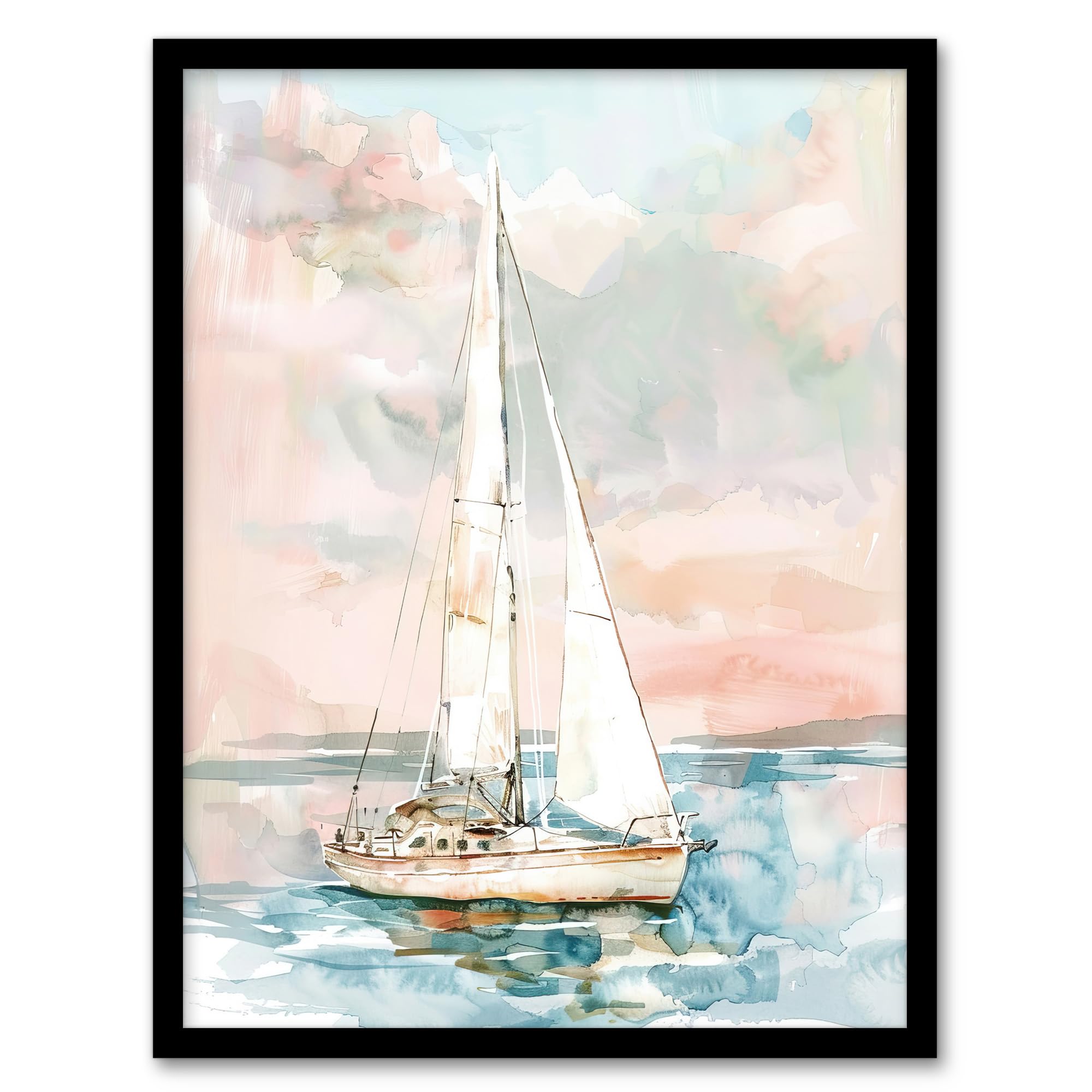 Artery8 Sailboat Early Morning Seascape Watercolour Bathroom Toilet Artwork Framed Wall Art Print 18X24 Inch