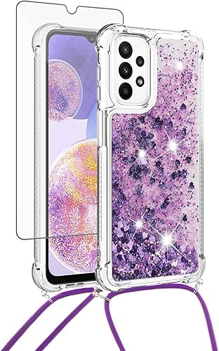 Asuwish Funda de teléfono para Samsung Galaxy A23 5G4G con protector de pantalla y correa cruzada, purpurina líquida brillante, transparente, disponible en Yaxa Peru
