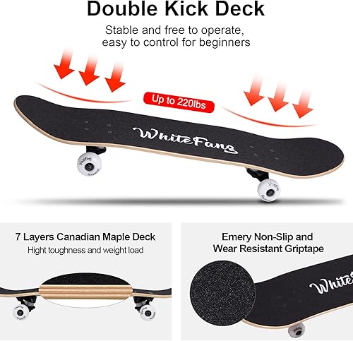 Miniatura 10 de WhiteFang Skateboards for Beginners, Complete Skateboard 31 x 7.88, 7 Layer Canadian Maple Double Kick Concave Standard and Tricks Skateboards for