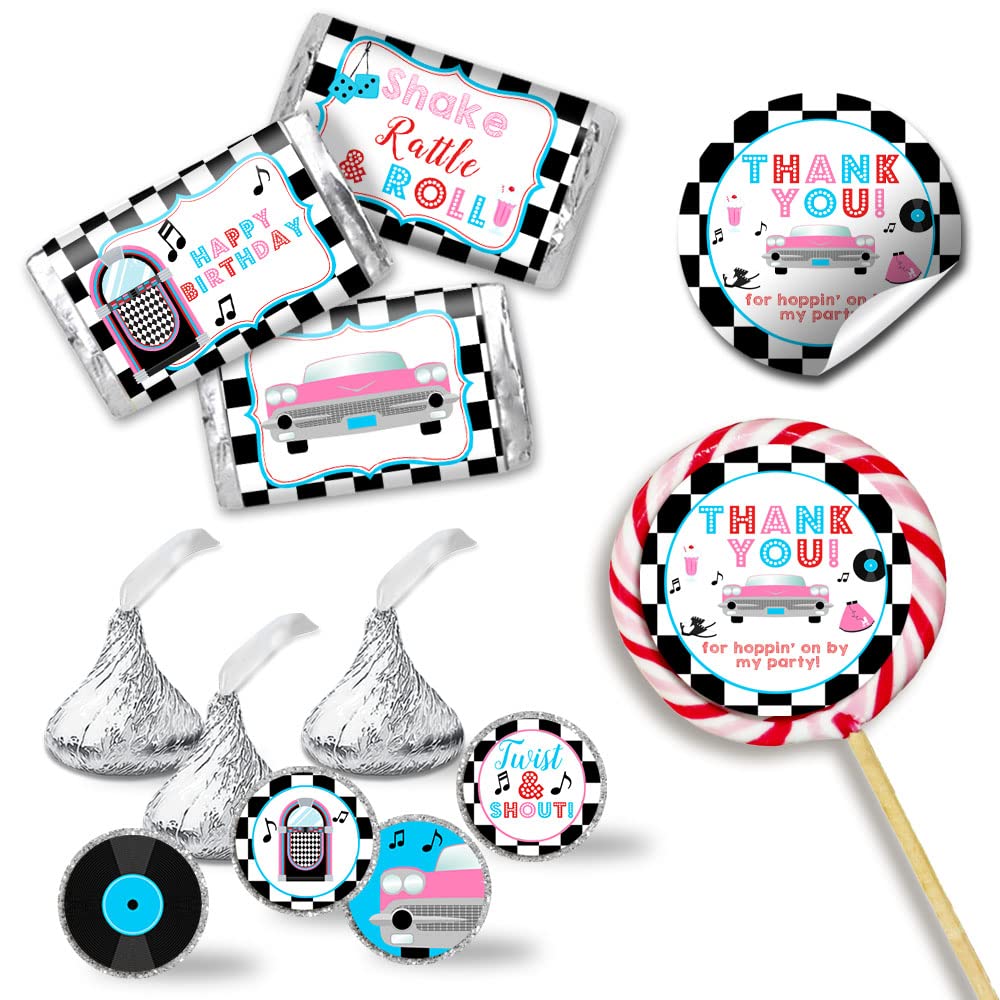 50’s Sock Hop Birthday Party Sticker Bundle Kit - 429 Pieces - Includes 60 2" Circle Stickers, 45 Mini Candy Bar Wrappers, & 324 Round Candy Kiss