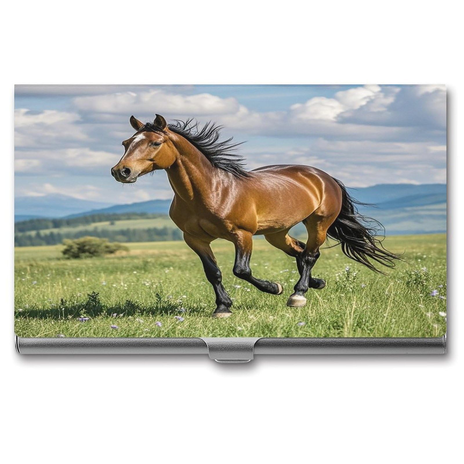 FekiLoot Horse Running in Field Business Card Holder Aluminum Alloy Business Card Case Convenient to Carry Business Card Dispenser for Men Women