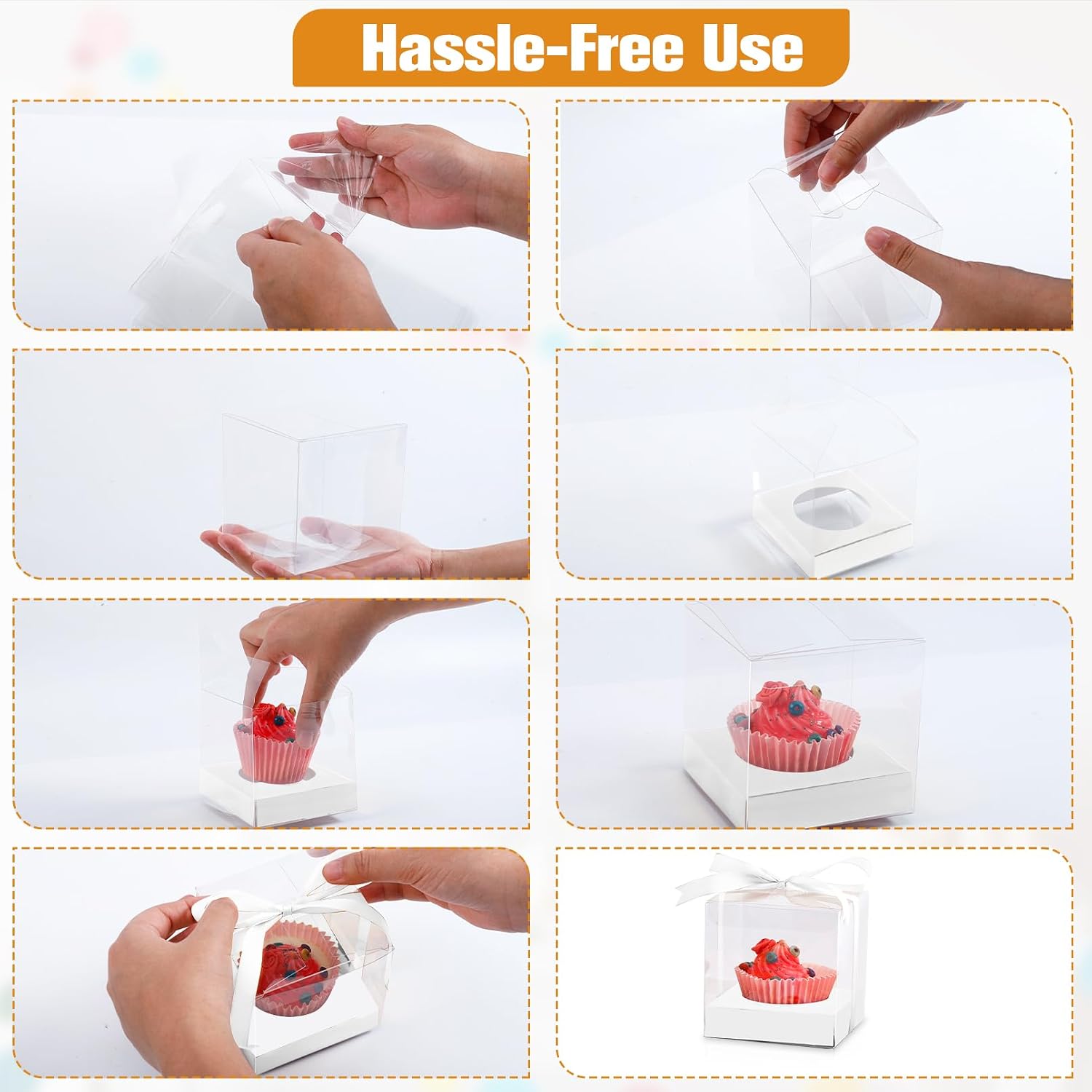 50 Pcs Clear Plastic Cupcake Boxes, 3.5 Inch Single Cupcake Containers, Individual Cup Cake Holder Boxes with Inserts and Ribbon, Cake Storage Holder for Wedding Kitchen Party Favor(White)