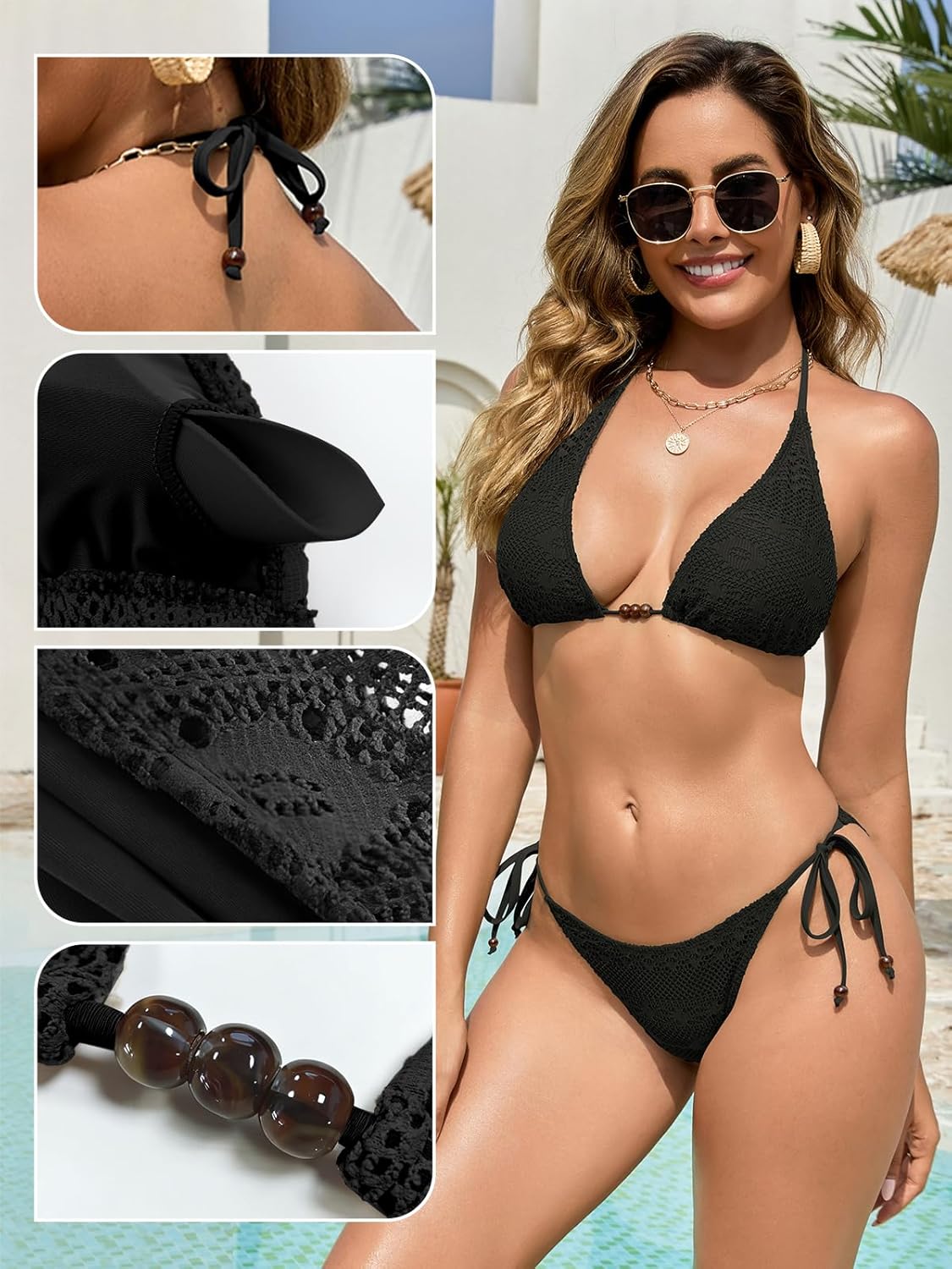 SHEKINI Women Triangle Bikini Sets Two Pieces Halter Neck Swimming Hollow-Out Fabric Swimsuits Sexy Tanga Swimwear