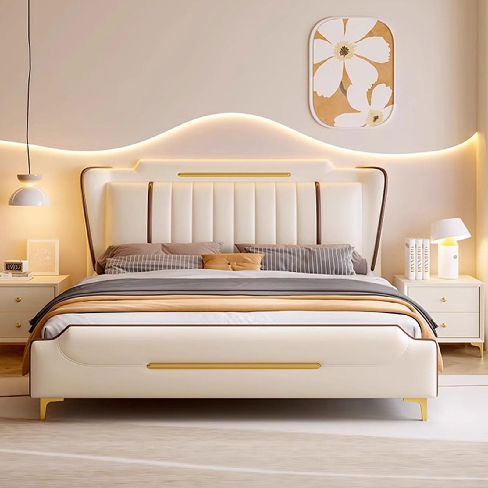 Modern Luxury King Size Genuine Leather Wood Bed Upholstered Platform Bed Frame with Headboard and Lift Up Storage