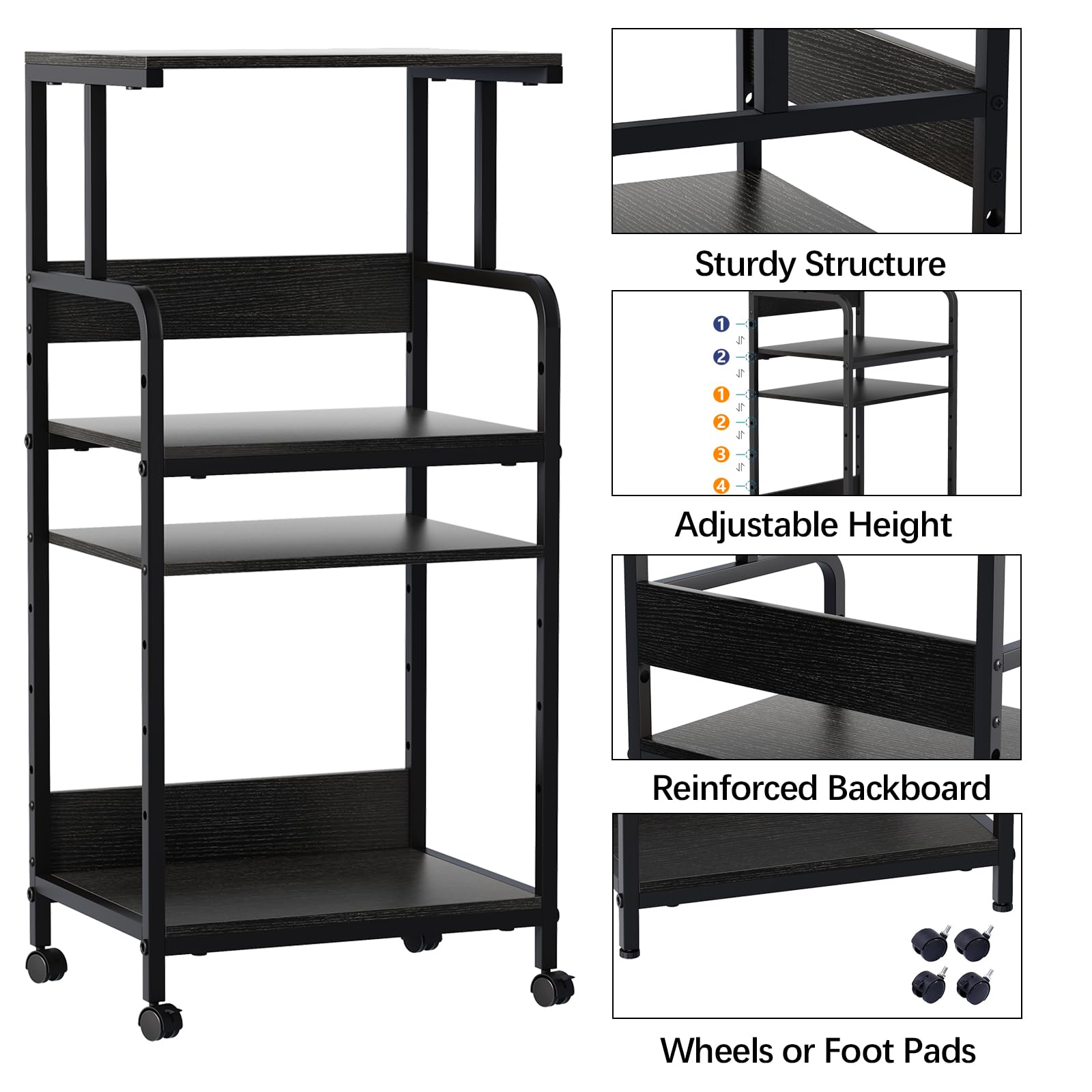 Support d'imprimante à 4 niveaux, grande table d'imprimante sur roulettes, support d'imprimante mobile avec rangement, chariot d'imprimante roulant pour fax, scanner, fichiers, lecteur multimédia