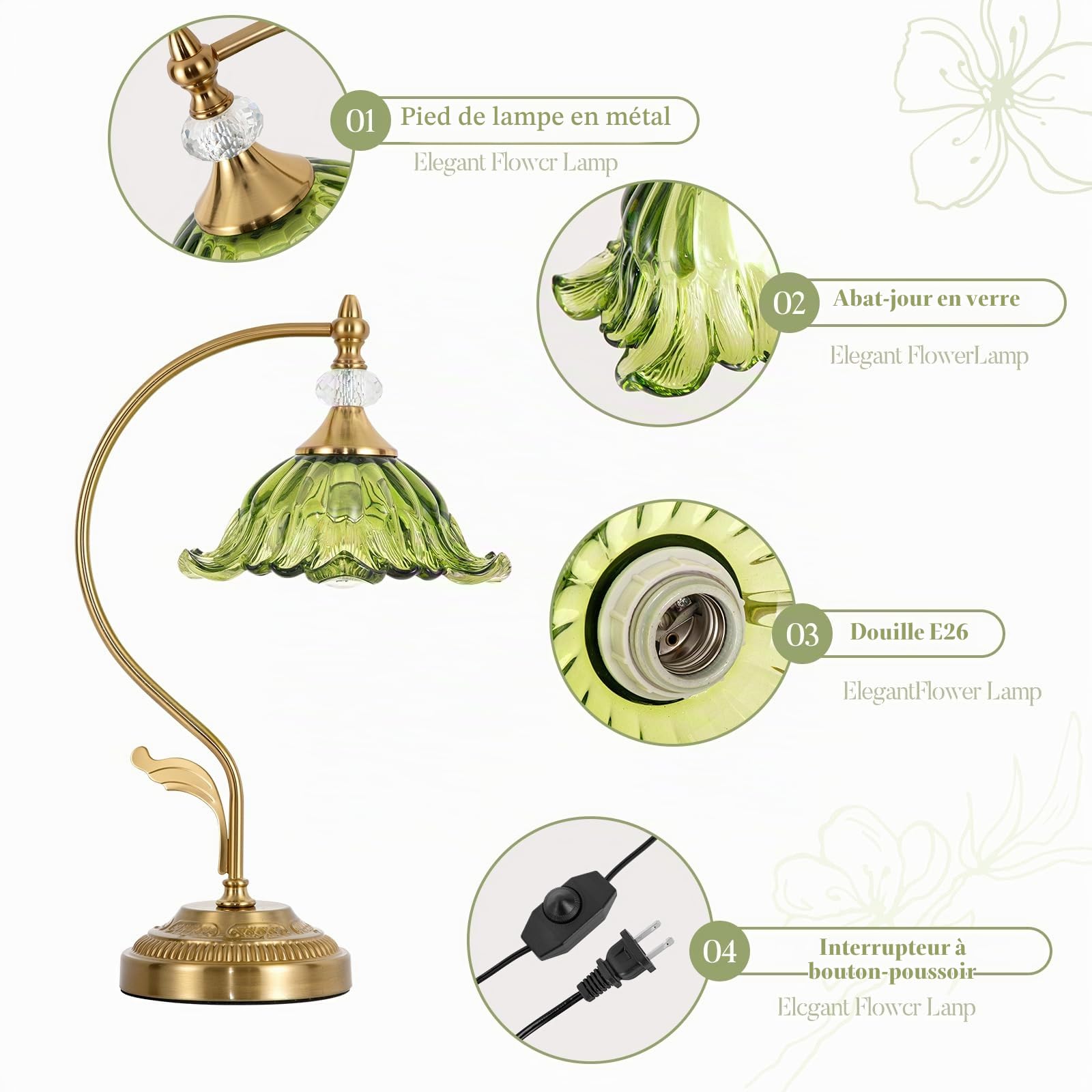 Lampe de table en verre, lampe de table dorée, lampe de chevet vintage en forme de fleur, lampes de table pour chambre à coucher, salon, bureau à domicile (vert)