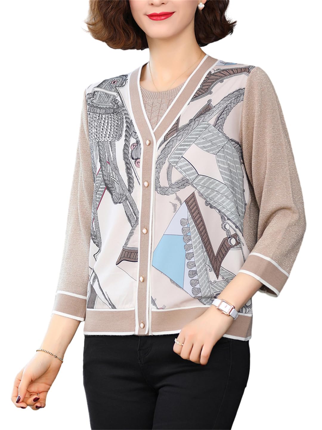 Conjunto De Chaqueta Y Camiseta De Punto De Cable Casual De Manga Larga con Botones En La Parte Delantera Abierta Y Divertido para Mujer