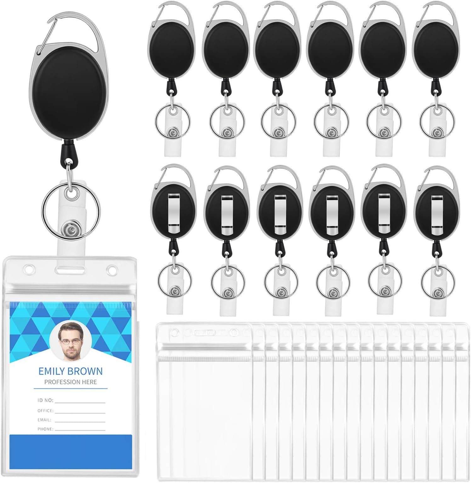 20 Pack Retractable Badge Reel Clips with 20 Pack ID Badge Holders Clear Vertical ID Name Card Holder with Heavy Duty Carabiner Badge Reels for Office Worker Employee Doctor Nurse Teacher Student
