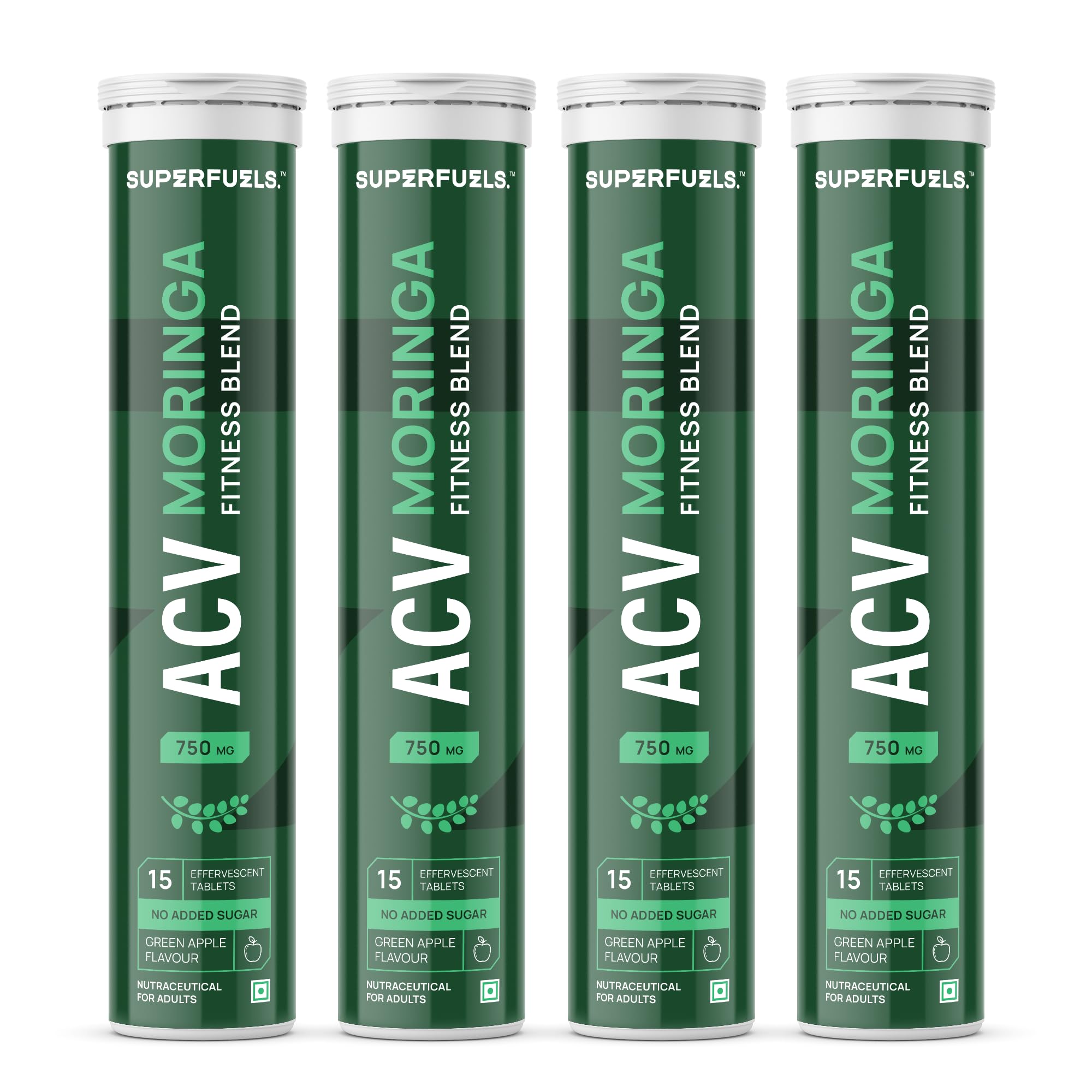 SUPERFUELS ACV Moringa - Apple Cider Vinegar Effervescent Tablets | Supports Weight Loss, Fat Burn & Gut Health | Controls Cravings | Vitamin B6 & B12 | No Added Sugar | Effervescent Tablets- Green apple | Pack of 4 (60 Tablets)